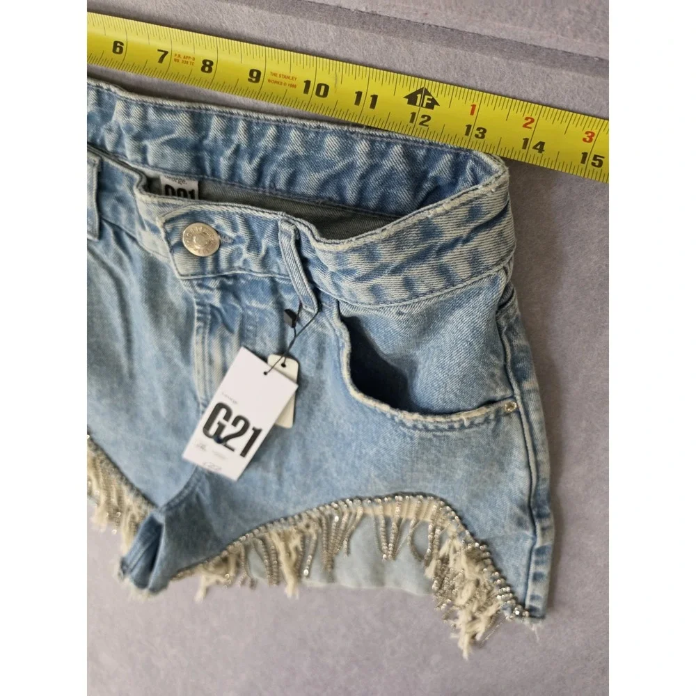 G21  Denim SZ S? Shorts w Studded Fringe Western Festival Rhinestones NWT